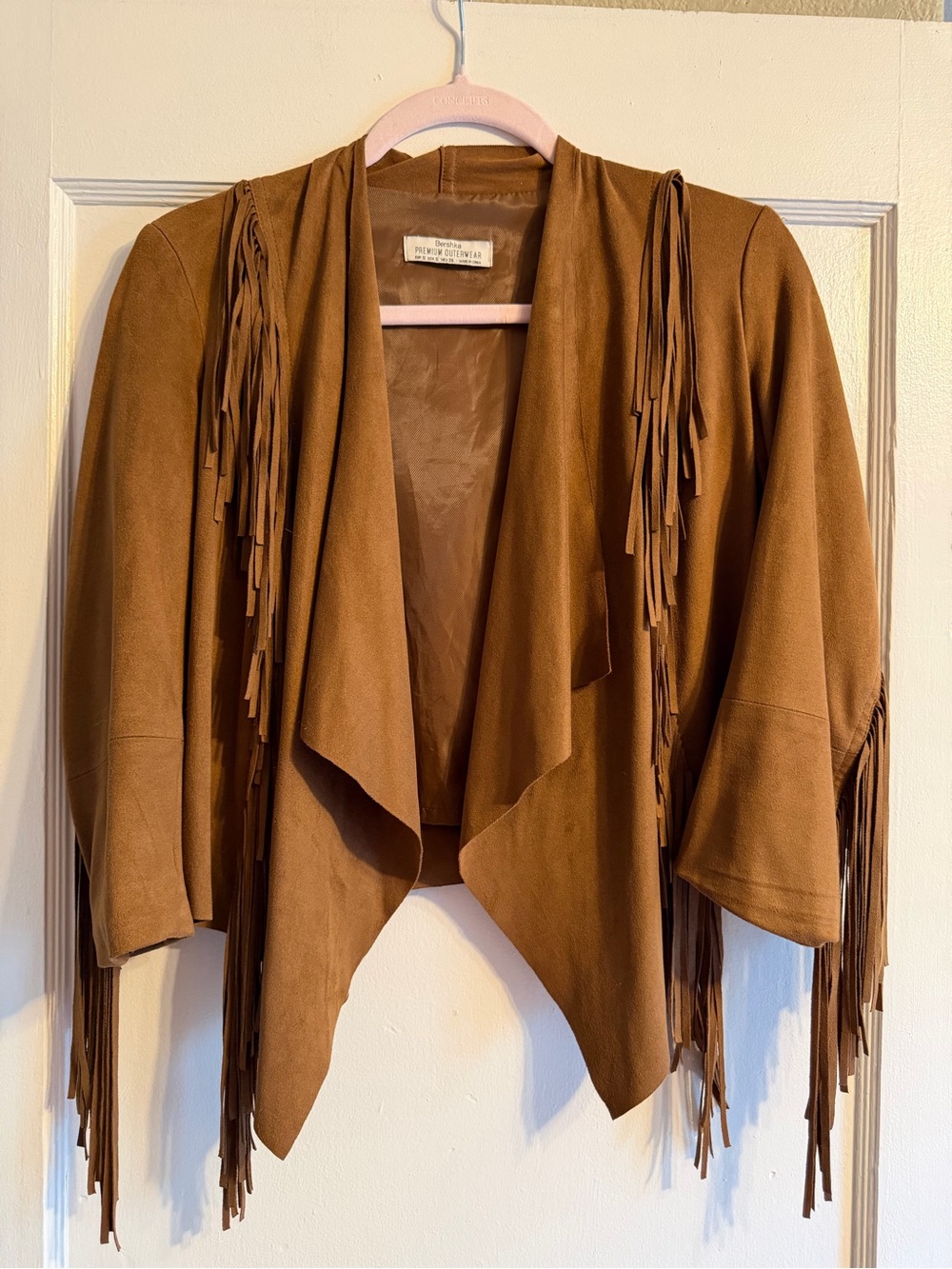 Western Brown Fringe Open-Front Lightweight Jacket Bershka